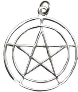 Pendant featuring a pentagram symbol enclosed in a circle, made of silver or similar metal.