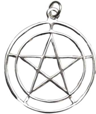 Pendant featuring a pentagram symbol enclosed in a circle, made of silver or similar metal.