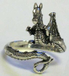 Silver dragon ring with detailed scales and wings, crafted in a fantasy style.