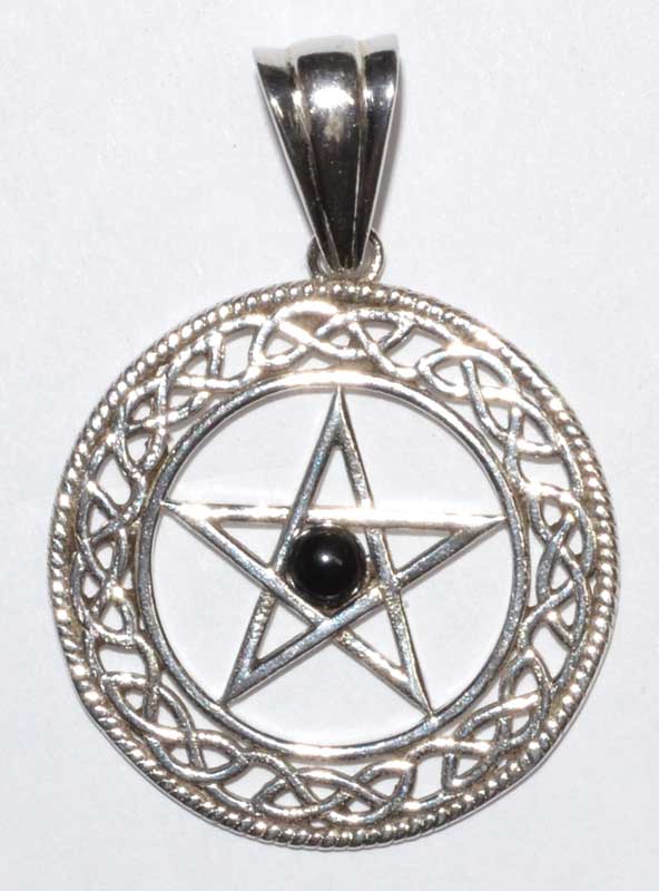 Silver Celtic pendant with pentagram and intricate knotwork design, featuring a central black stone.