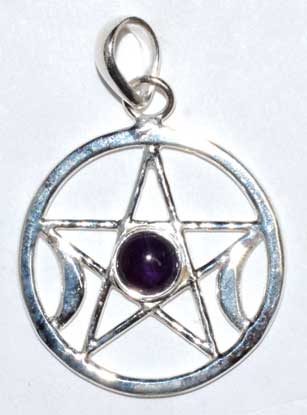 Pendant featuring a silver pentacle with a purple gemstone in the center.