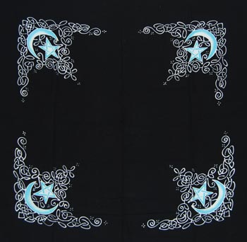 Decorative Celtic-inspired moon and star motifs with intricate swirling designs.