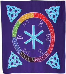 Banner featuring Celtic ogham symbols and triquetra knots on a purple background.