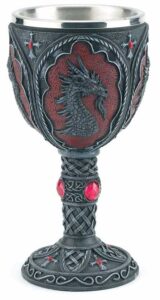 A detailed metal chalice featuring a dragon motif with red accents.