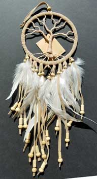 A handcrafted dreamcatcher featuring a circular frame, woven web, and hanging feathers, symbolizing.