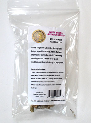 White Sage and Lavender Smudge Stick for cleansing and meditation. Hand rolled with natural herbs.