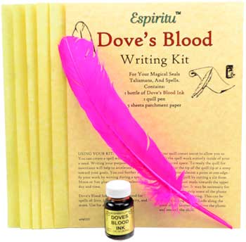 Vintage writing kit with pink feather quill, ink bottle, and parchment paper for Celtic-inspired cal.