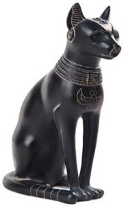 A black cat figurine with detailed collar and hieroglyphic symbols.