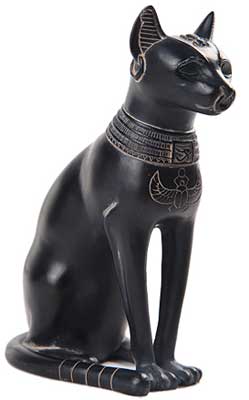 A black cat figurine with detailed collar and hieroglyphic symbols.