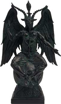 Statue of a Celtic deity with wings and horns, seated on a base.