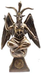 Statue of a female figure with horns, wings, and a pentagram base, symbolizing Celtic spirituality a.