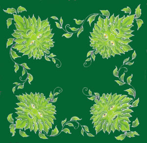Symmetrical green leafy pattern with swirling vines on a dark green background, inspired by Celtic m.