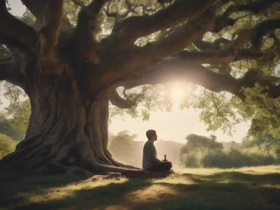 Young person seated under large ancient tree with a small offering in hand at sunrise.