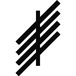 A simple, black ogham symbol with five parallel lines and a vertical line through the center.