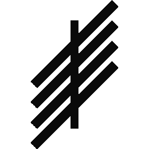 A simple, black ogham symbol with five parallel lines and a vertical line through the center.