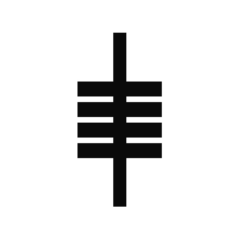 A black triskel symbol on a white background, featuring three interconnected spirals and a central vertical line.