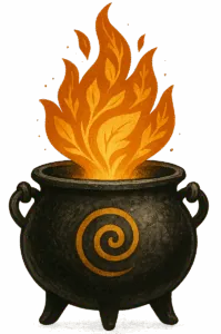 A black cauldron with a gold spiral symbol, emitting bright flames with leafy patterns against a warm background.