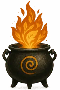 A black cauldron with a gold spiral symbol, emitting bright flames with leafy patterns against a warm background.