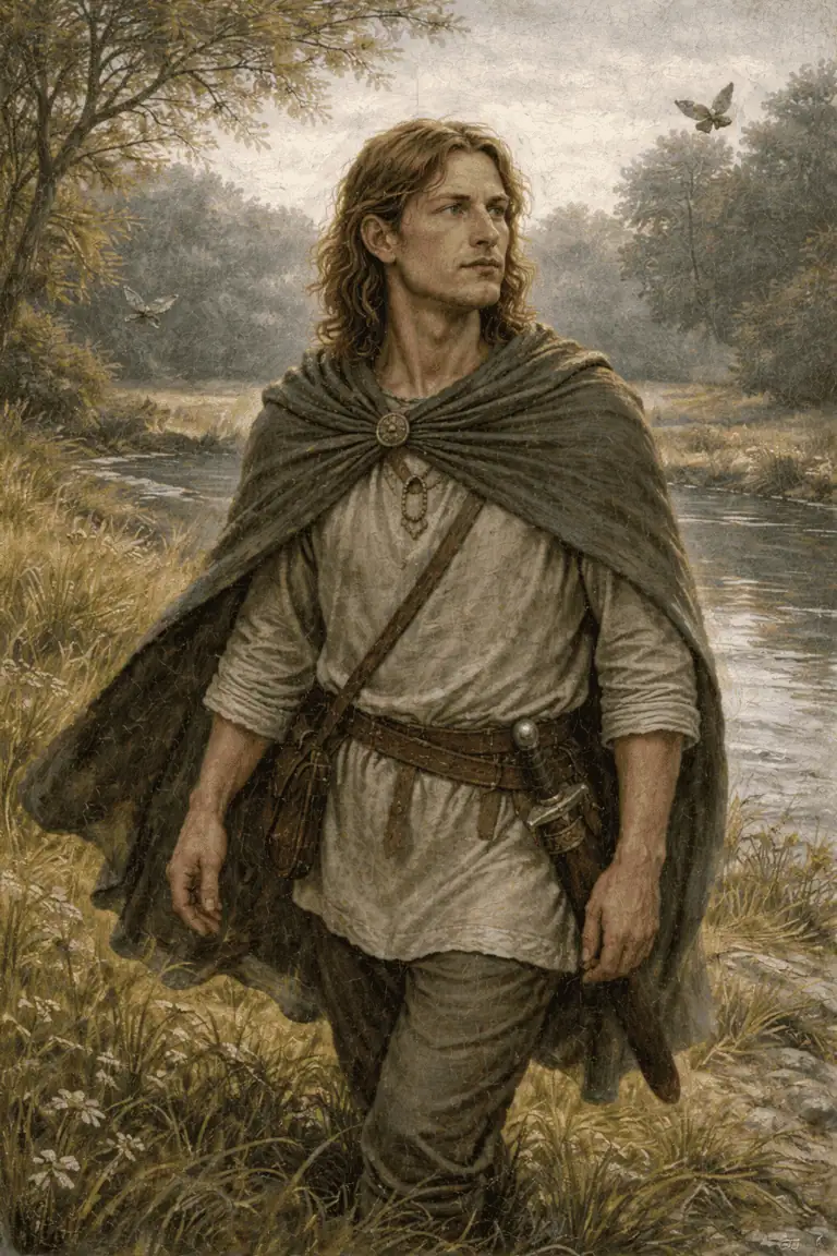 A detailed painting of a Celtic male figure in a serene natural landscape, emphasizing historical dress.