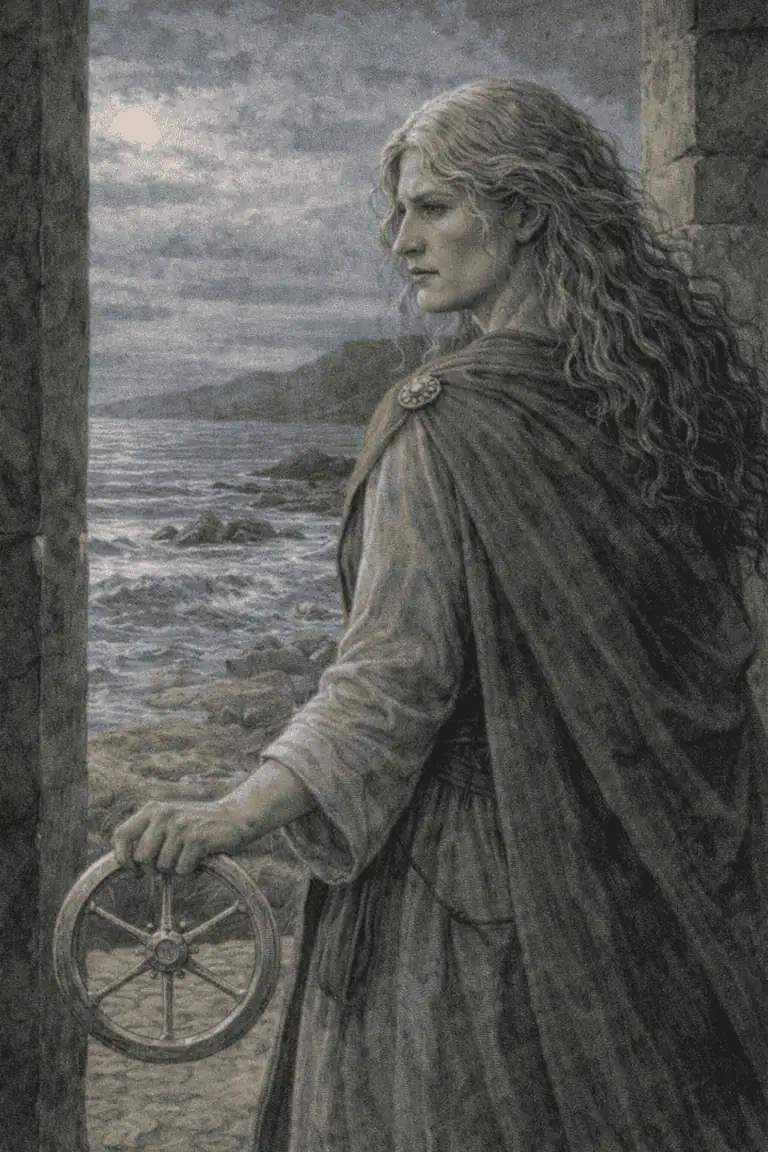 A serene Celtic-inspired scene featuring a woman by the water at night, with a moon illuminating her contemplative stance.
