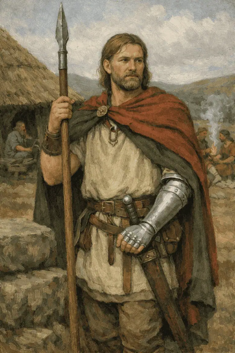 An illustration of a Celtic man holding a spear, wearing a cape, arm armor, and surrounded by a natural landscape.