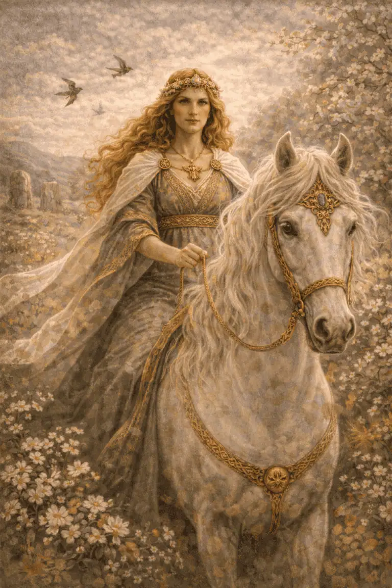 Ethereal woman in medieval-inspired Celtic dress and gold jewelry on a white horse, in a lush, flowering landscape.