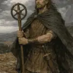 This image features a Celtic warrior in traditional clothing, holding a staff, with a cloudy sky and rolling hills in the background.