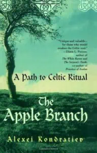 Tree silhouette against green sky with plants and ogham symbols.