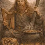A Celtic druid figure in traditional garb, with a staff and lyre, cooking over an open fire surrounded by autumnal harvest produce.