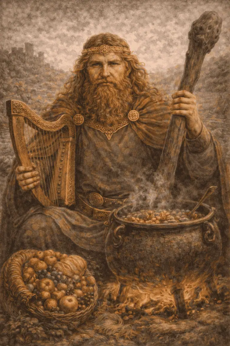 A bearded man dressed in ancient Celtic attire, holding a staff and a lyre, seated near a fire with a bubbling cauldron.