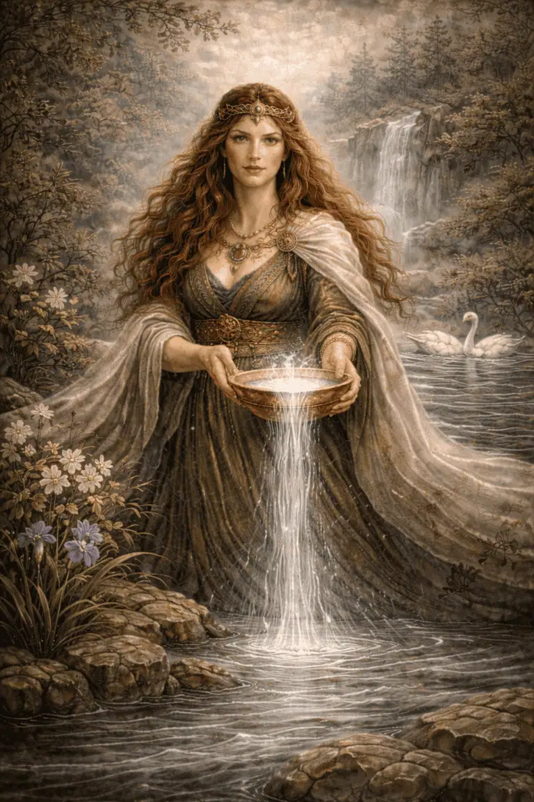 A woman with long, flowing red hair in ancient Celtic attire holds a glowing bowl over a stream.