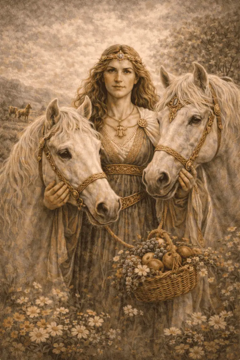 Intricate jewelry and clothing reflect Celtic spiritual traditions and druidic symbols.