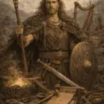 A Celtic warrior prepared for battle with weaponry, armor, and ancient objects around him, set in a natural landscape.