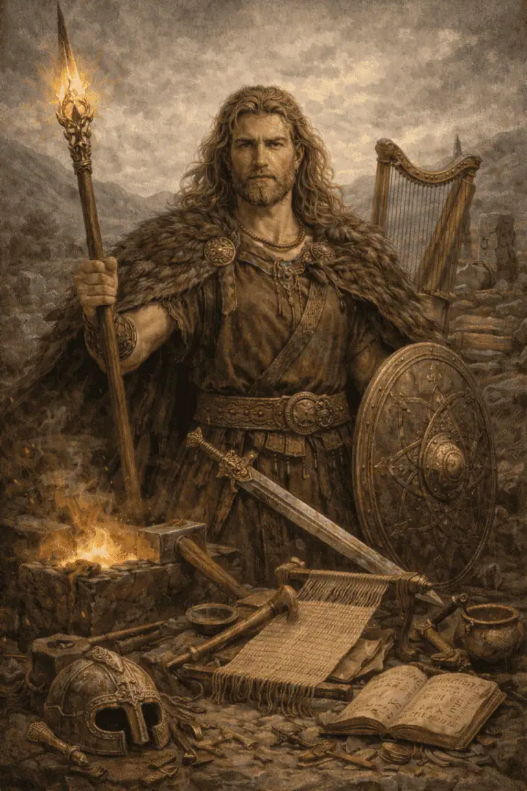 A medieval-style warrior holding a sword and shield, standing amidst tools and relics in a rocky outdoor setting.