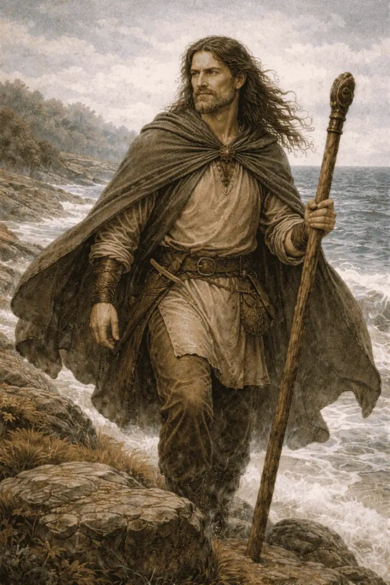 A historical figure dressed in earth-toned linen clothing, holding a staff near the water.