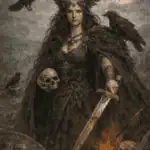 Caption: A powerful druidic figure stands amidst ritual paraphernalia, echoing ancient Celtic spiritual themes under moonlight.