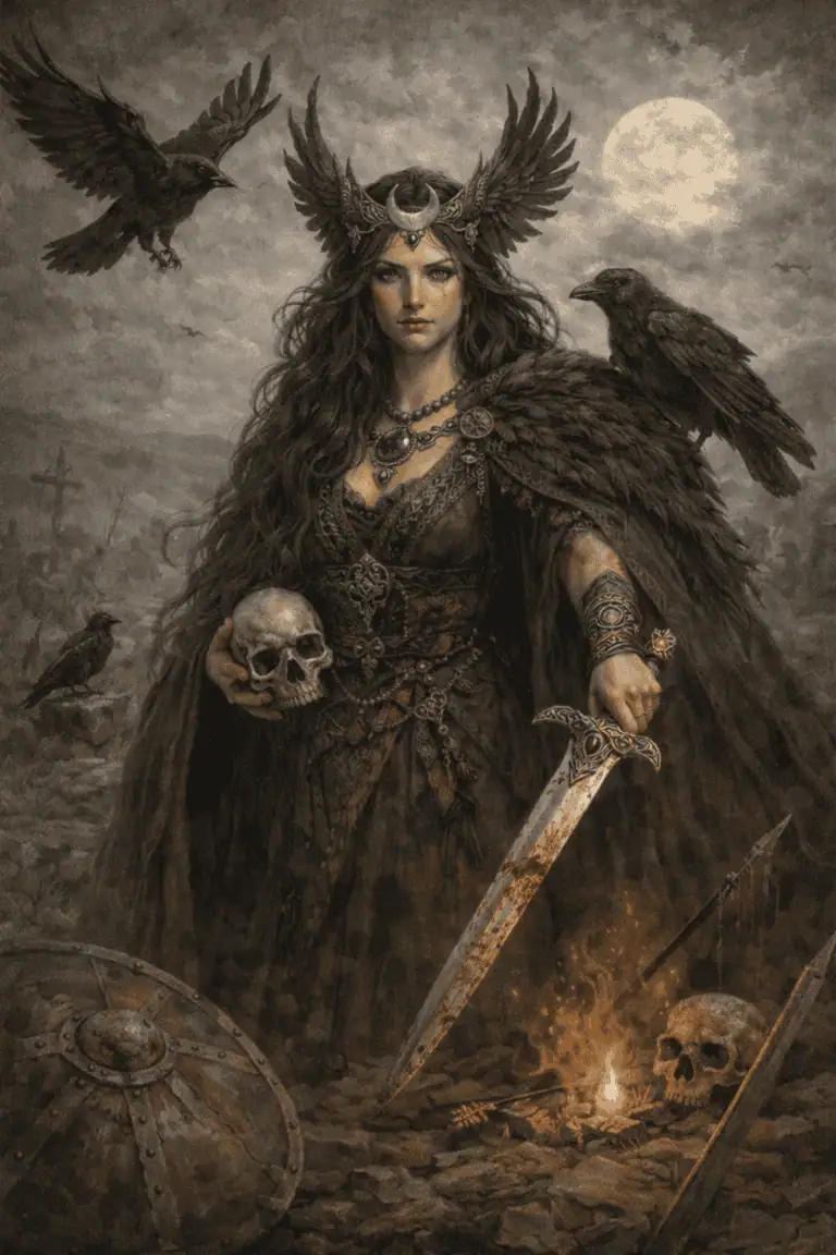 Alt text: Woman dressed as druid warrior holding skull and sword, surrounded by ravens and moonlit sky.
