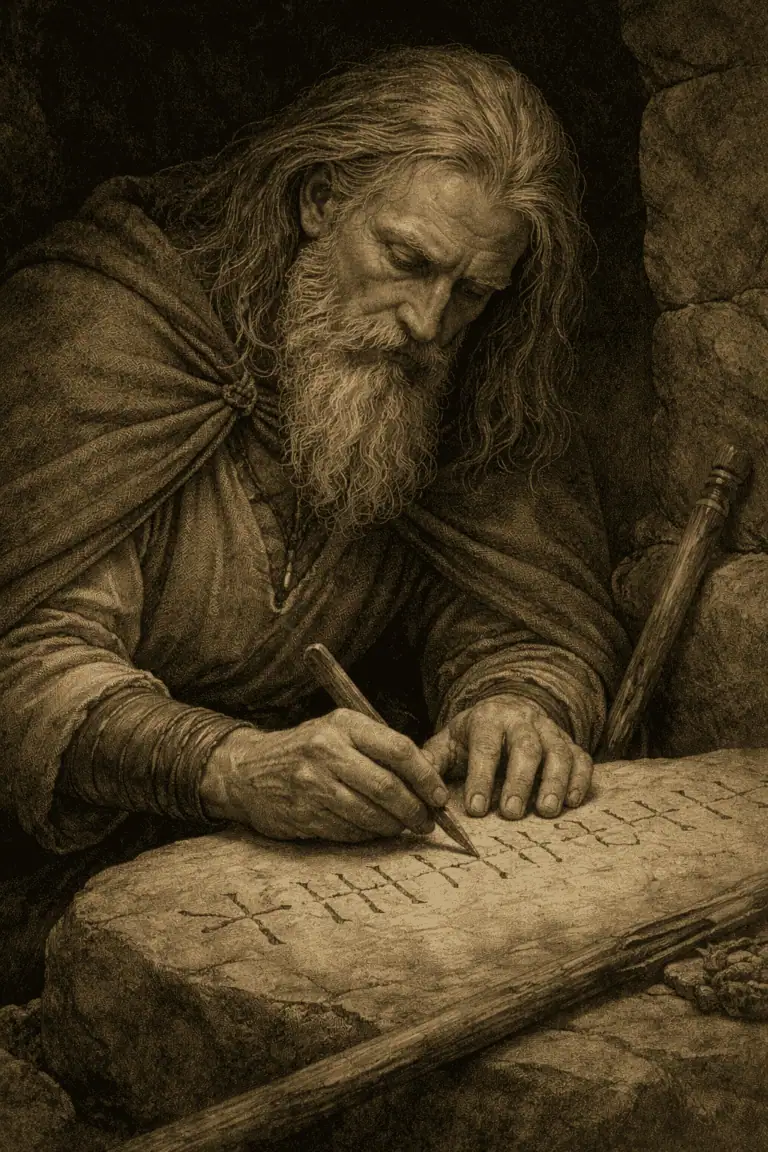 Old man carving ogham script on stone, dressed in rustic Celtic-style clothing, surrounded by stone.