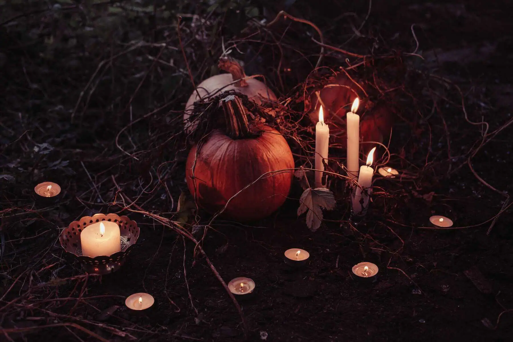Alt: Pumpkin with lit candles and twigs on dark soil, surrounded by bare branches and leaves.