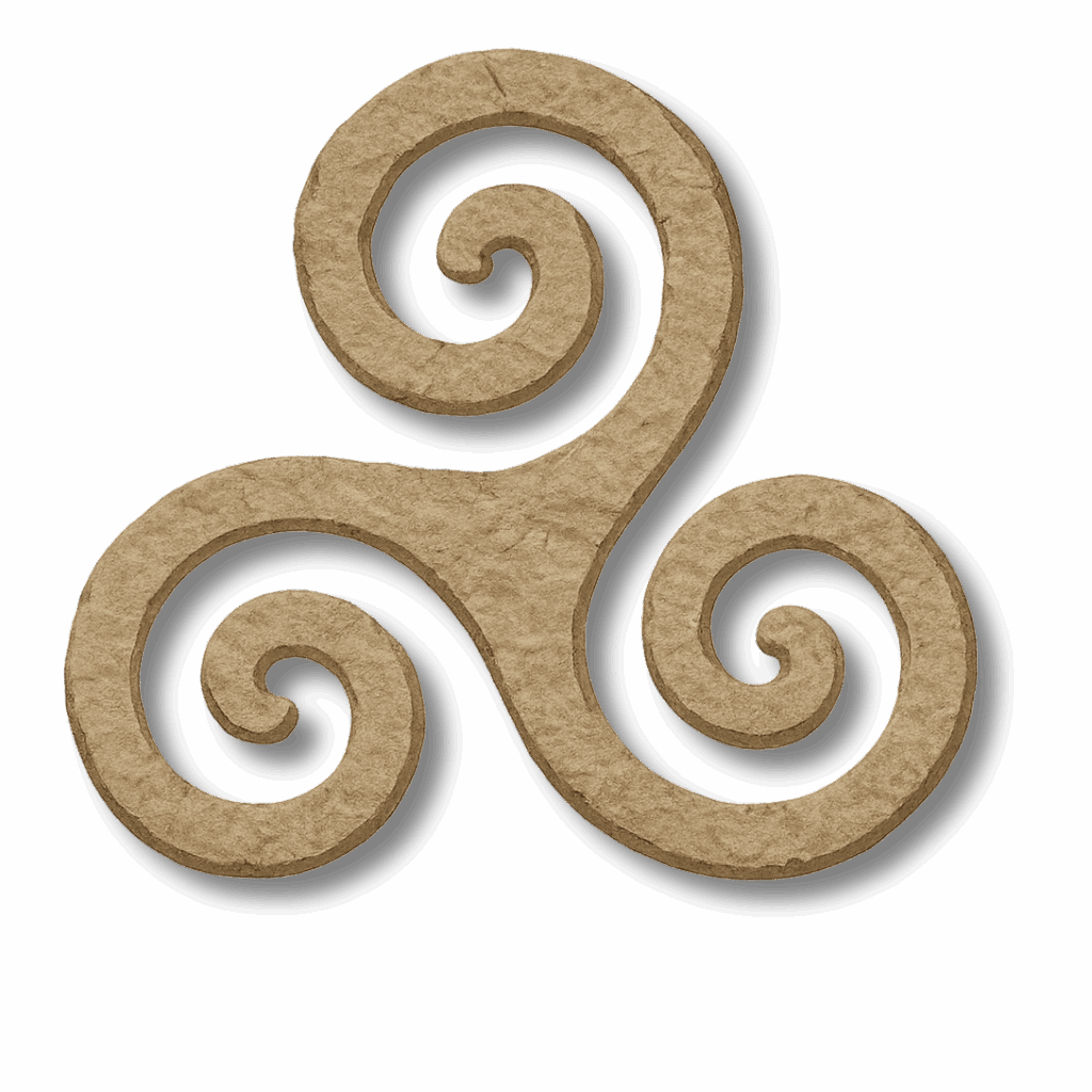 An ancient wooden triskelion with spiral motifs, representing continuity and spiritual growth.