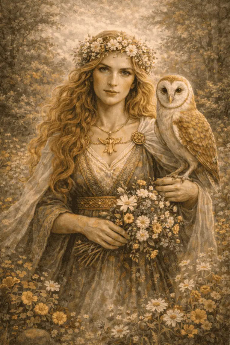 A woman with a flower crown holds an owl amidst a floral forest background.