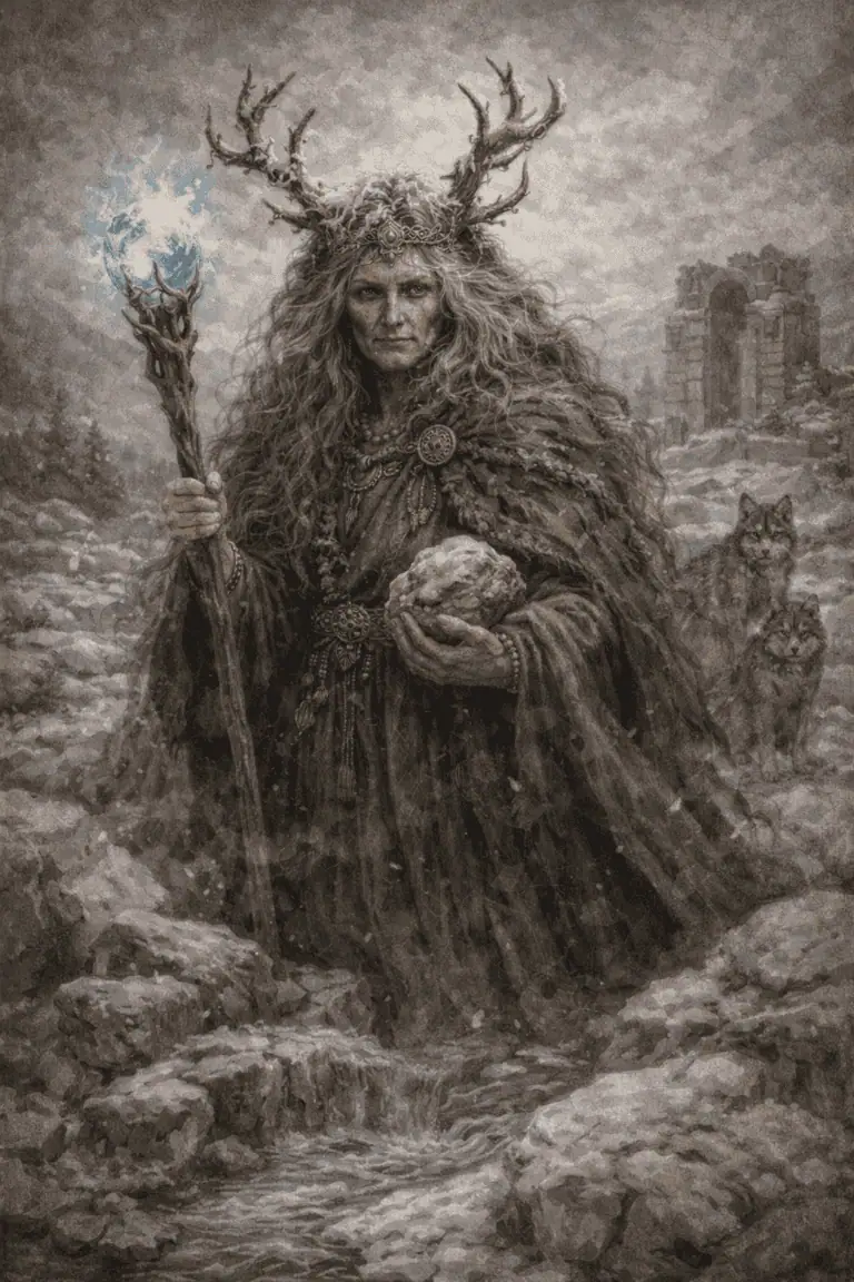 A druidic figure holding a staff with glowing orb and a stone, accompanied by wolves.