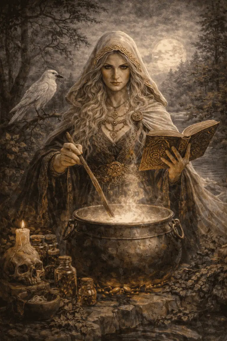 A woman dressed in Celtic-inspired clothing with jewelry, stirring a cauldron amidst a moonlit forest scene.