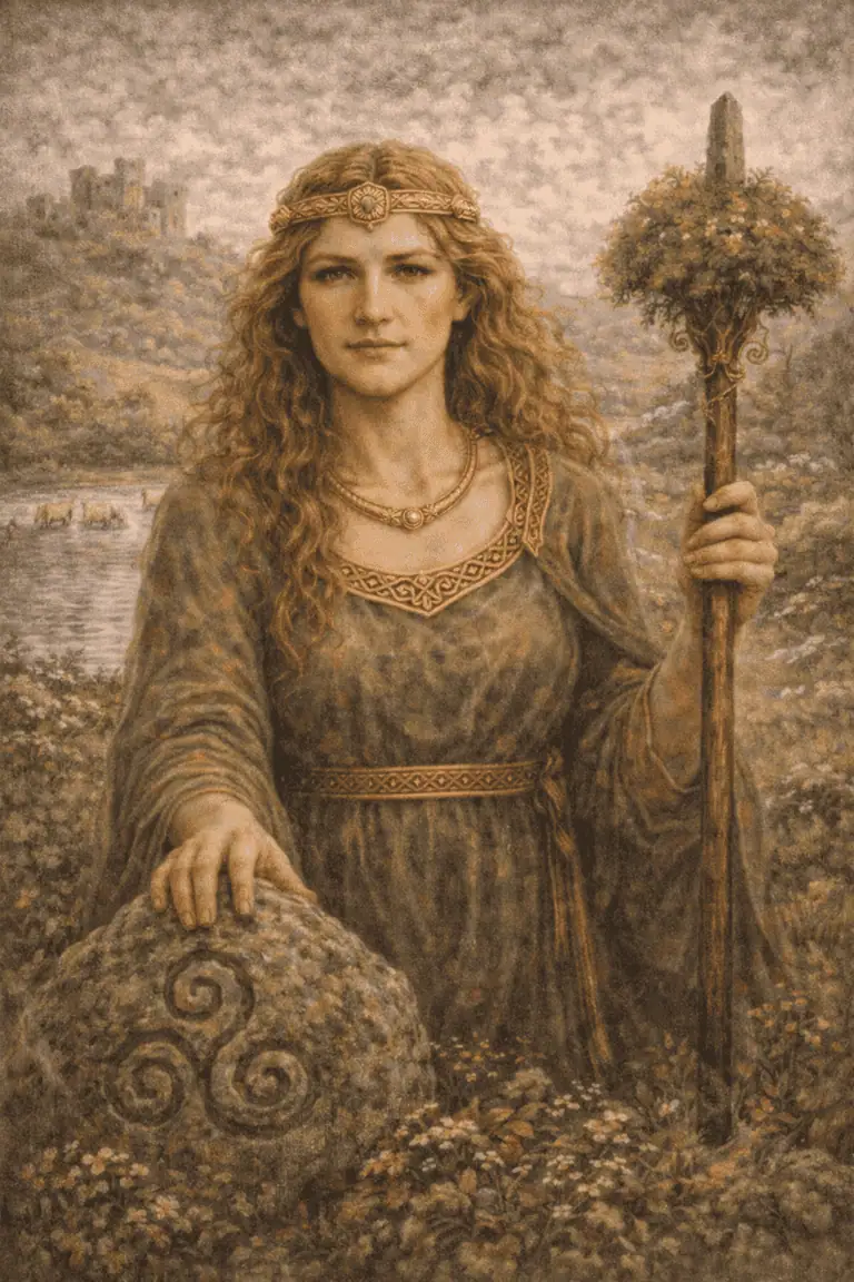 A woman with long, curly red hair, wearing Celtic jewelry, stands outdoors holding a carved ogham stick amidst greenery.