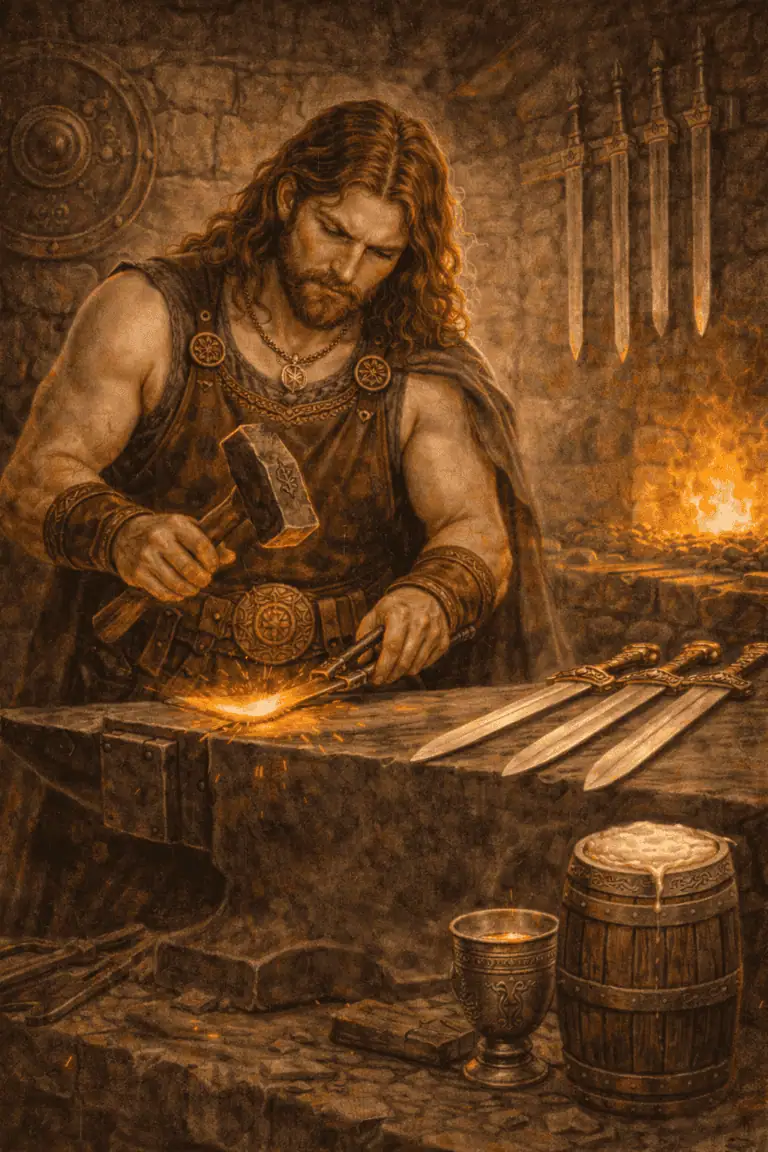 A determined warrior hammering a sword on an anvil, surrounded by weapons and fire.