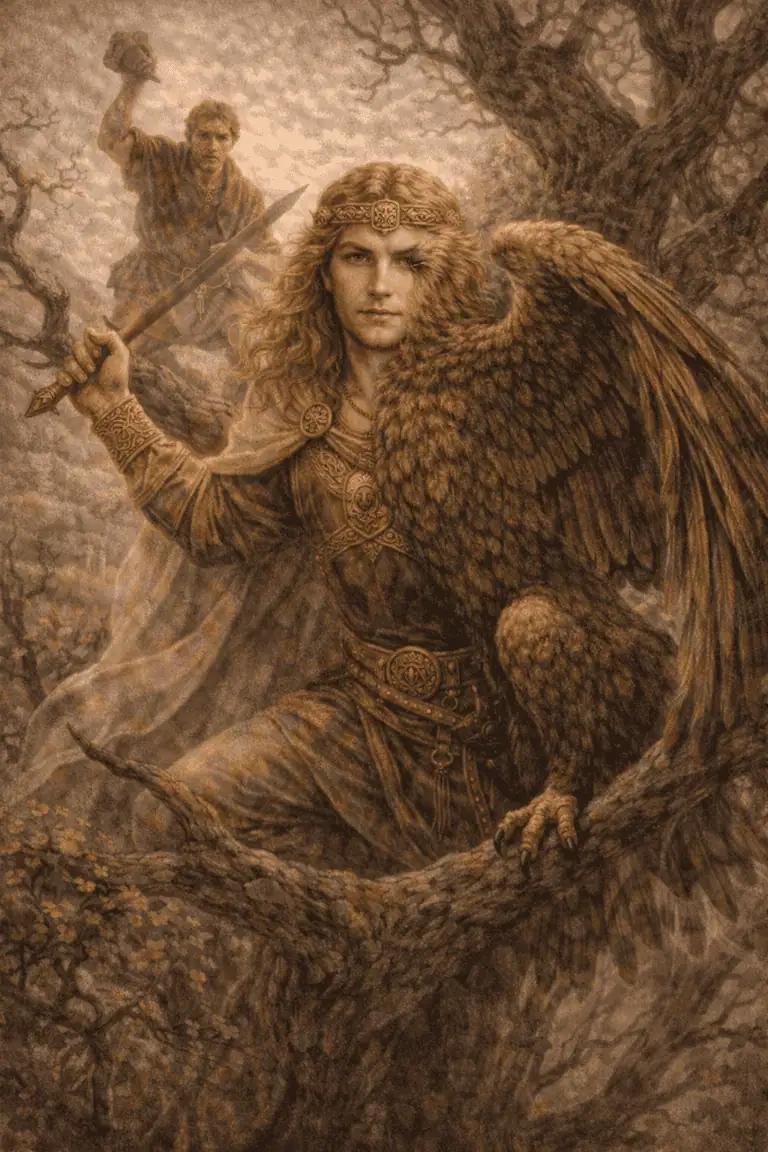 Ancient Celtic warrior holding a sword with an eagle perched on a tree branch.