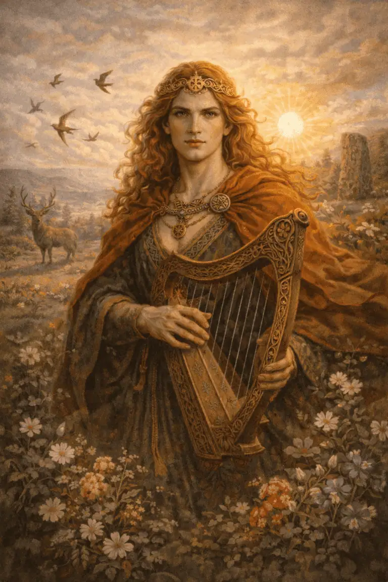 A woman with long, flowing hair, dressed in traditional Celtic attire, playing a harp amidst a scenic landscape with deer and birds.