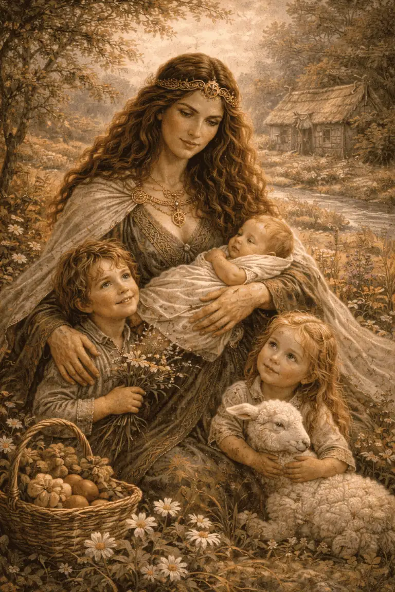 A peaceful scene of a woman with children, a sheep and a basket of apples in a lush field.