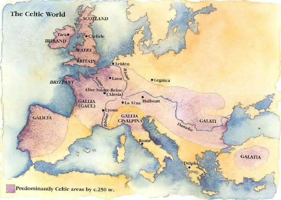 Detailed map showing regions associated with ancient Celtic civilization across Europe.