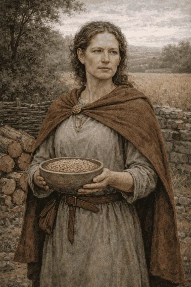 A woman in historical attire holding a bowl of beans outdoors near stone walls and trees.